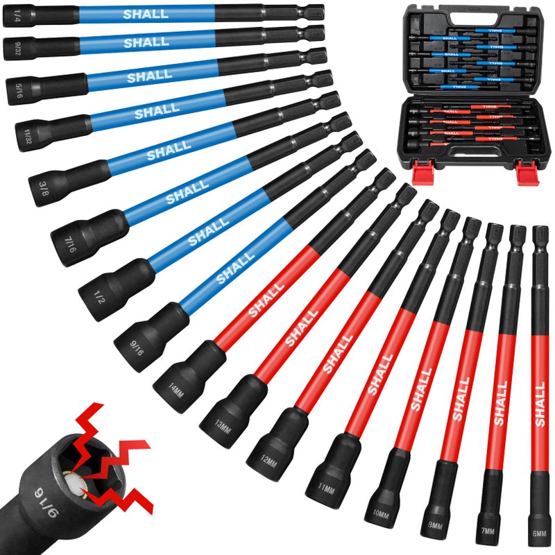 SHALL 16PCS Magnetic Nut Driver Set - 6" Long Nut Driver Set for Impact Drill - SAE and Metric Nut Driver Bit Holder with 1/4"Hex Shank - Magnet Socket Set with Sturdy Tool Box - Image 1