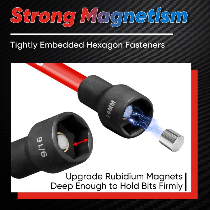 SHALL 16PCS Magnetic Nut Driver Set - 6" Long Nut Driver Set for Impact Drill - SAE and Metric Nut Driver Bit Holder with 1/4"Hex Shank - Magnet Socket Set with Sturdy Tool Box - Image 3