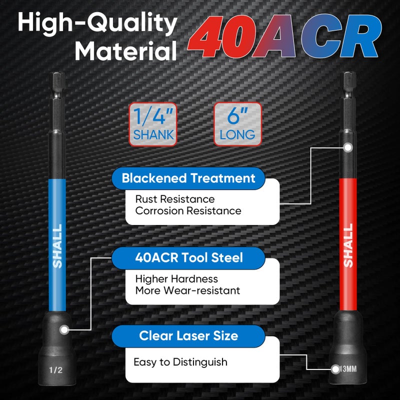 SHALL 16PCS Magnetic Nut Driver Set - 6" Long Nut Driver Set for Impact Drill - SAE and Metric Nut Driver Bit Holder with 1/4"Hex Shank - Magnet Socket Set with Sturdy Tool Box - Image 5