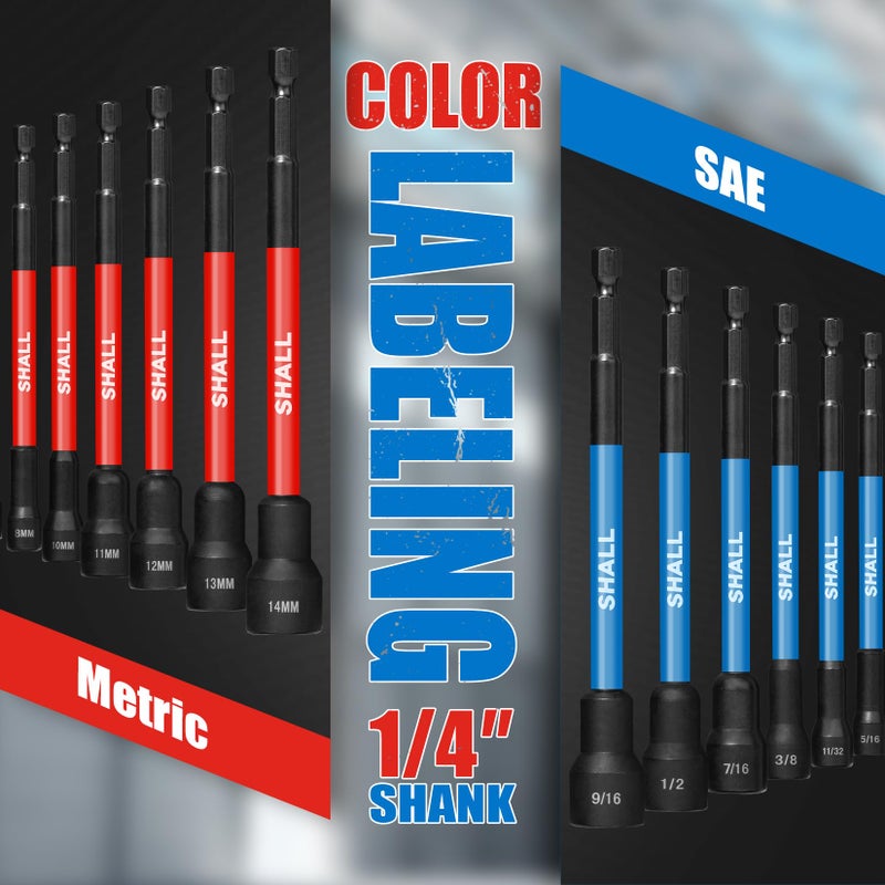 SHALL 16PCS Magnetic Nut Driver Set - 6" Long Nut Driver Set for Impact Drill - SAE and Metric Nut Driver Bit Holder with 1/4"Hex Shank - Magnet Socket Set with Sturdy Tool Box - Image 4