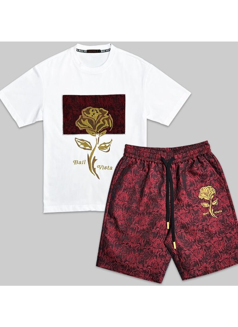 KUYING - New Embroidered Rose Short Sleeved Set Trendy Shorts Two-Piece Set - Image 1