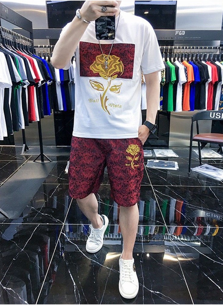 KUYING - New Embroidered Rose Short Sleeved Set Trendy Shorts Two-Piece Set - Image 1