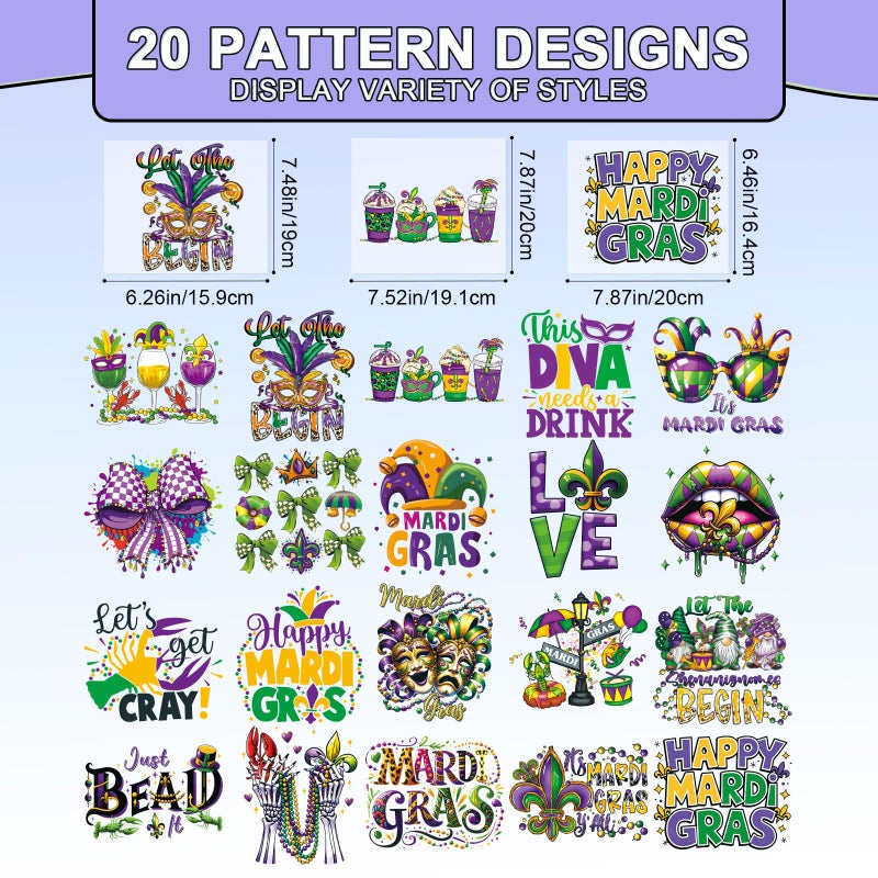 Shejdgart Mardi Gras Iron on Patches for T-Shirts - Shejdgart 20 Pcs Masquerade Mask Dtf Transfers Ready to Press, Bow Gnome Iron on Stickers Heat Transfer Vinyl Decals for DIY Fabric Clothes Decor - Image 2