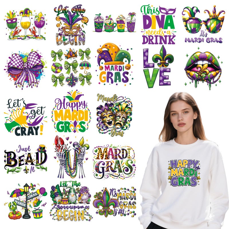 Shejdgart Mardi Gras Iron on Patches for T-Shirts - Shejdgart 20 Pcs Masquerade Mask Dtf Transfers Ready to Press, Bow Gnome Iron on Stickers Heat Transfer Vinyl Decals for DIY Fabric Clothes Decor - Image 1