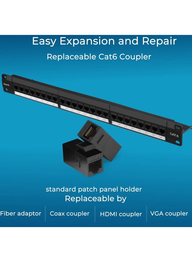 Rapink 24 Port Cat6 Patch Panel with Inline Keystone 10G Support, Pass-Thru Coupler UTP 19-Inch, Removable Back Bar, 1U Network for Cat6, Cat5e, Cat5 Cabling - Image 3