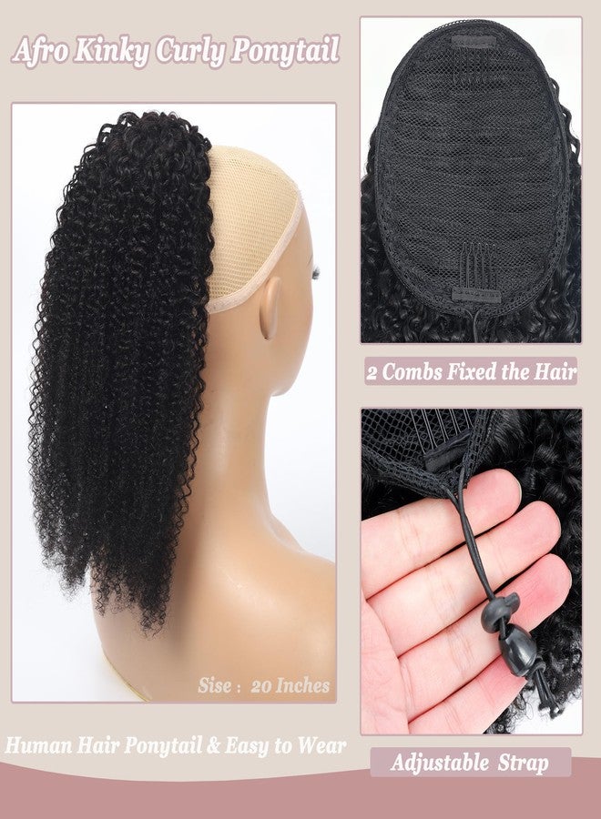 HLSK Afro Kinky Curly Drawstring Pontail Human Hair For Black Women,4C Natural Curly Drawstring Ponytail Extension,10A Brazilian Virgin Kinky Curly Human Hair Ponytail (20 Inch) - Image 3