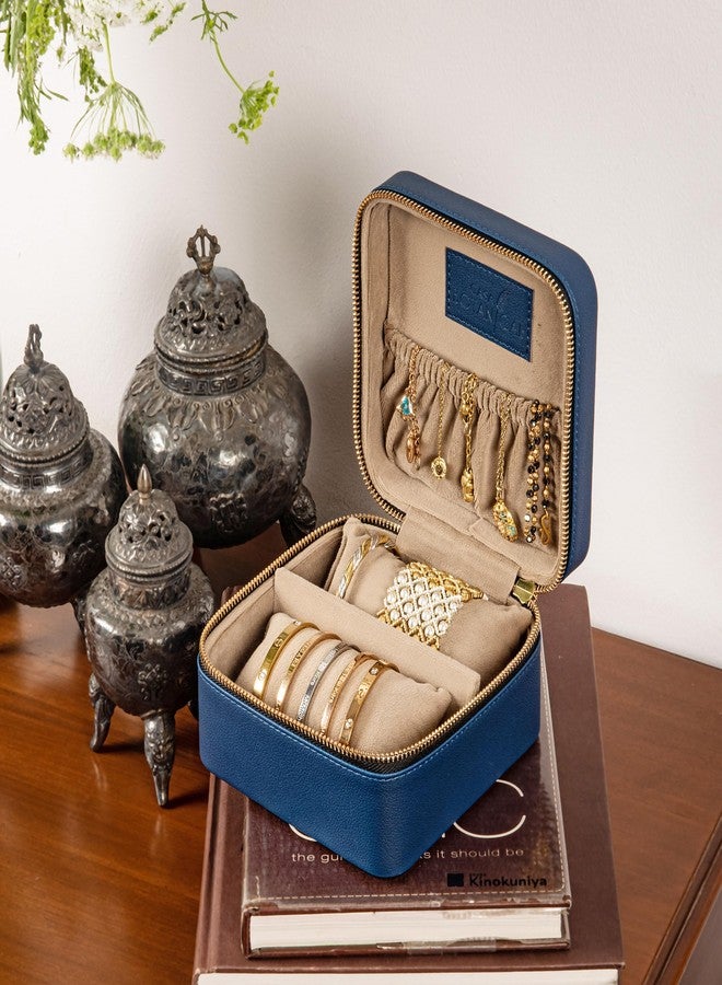 CASA BOTANICAL Jewelry Organizer & Watch Box - Living Leather Zipper Storage Case with Dividers - Average Size (6x6x3.5 Inch) - Travel Friendly Container for Rings, Earrings, Necklaces - Elegant Blue - Image 1