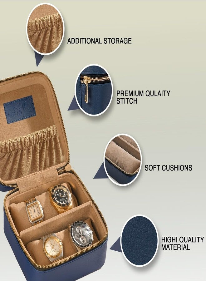 CASA BOTANICAL Jewelry Organizer & Watch Box - Living Leather Zipper Storage Case with Dividers - Average Size (6x6x3.5 Inch) - Travel Friendly Container for Rings, Earrings, Necklaces - Elegant Blue - Image 2