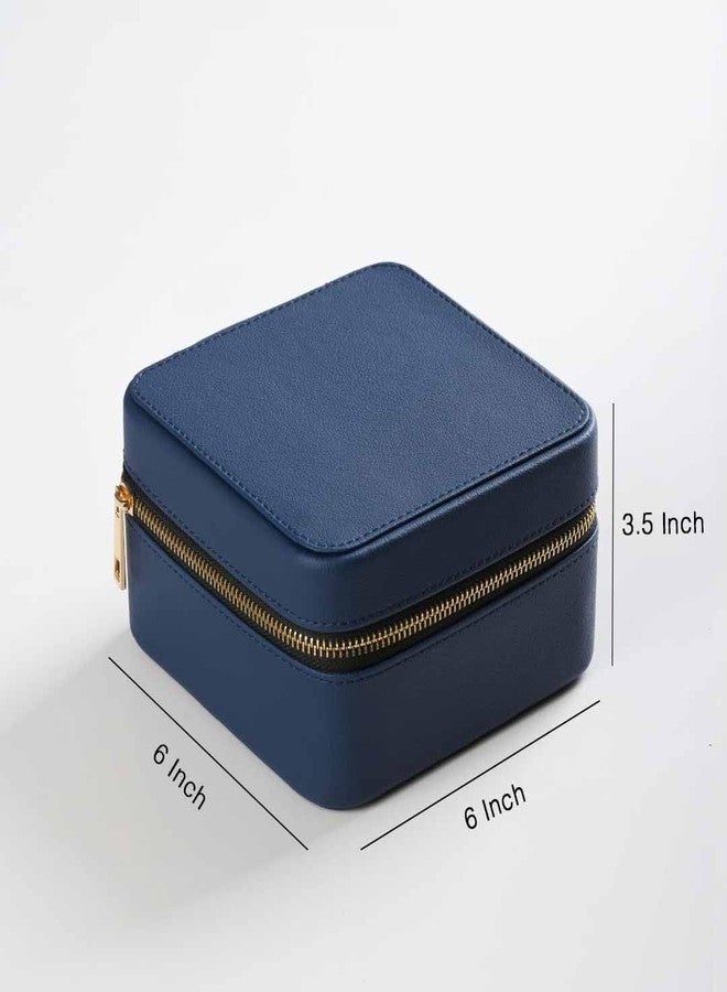 CASA BOTANICAL Jewelry Organizer & Watch Box - Living Leather Zipper Storage Case with Dividers - Average Size (6x6x3.5 Inch) - Travel Friendly Container for Rings, Earrings, Necklaces - Elegant Blue - Image 4