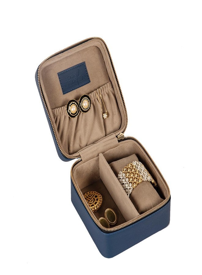 CASA BOTANICAL Jewelry Organizer & Watch Box - Living Leather Zipper Storage Case with Dividers - Average Size (6x6x3.5 Inch) - Travel Friendly Container for Rings, Earrings, Necklaces - Elegant Blue - Image 5