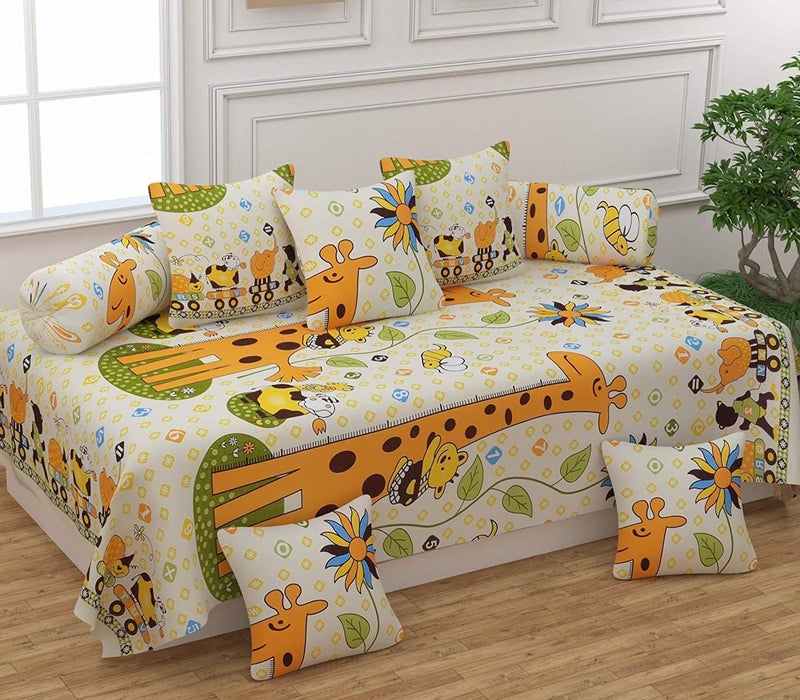 Filymore 8 Pieces Giraffe Diwan Set for Kids Room Made with Pure Microfiber Package Contains One Single Bedsheet, 5 Cushions Covers and 2 Bolster Covers (Colour -Yellow) - Image 1