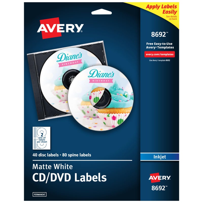Avery Printable CD Labels, Matte White, Permanent Adhesive for Inkjet Printers, Includes 40 CD & 80 Spine Sticker Labels to Write On (8692) - Image 1