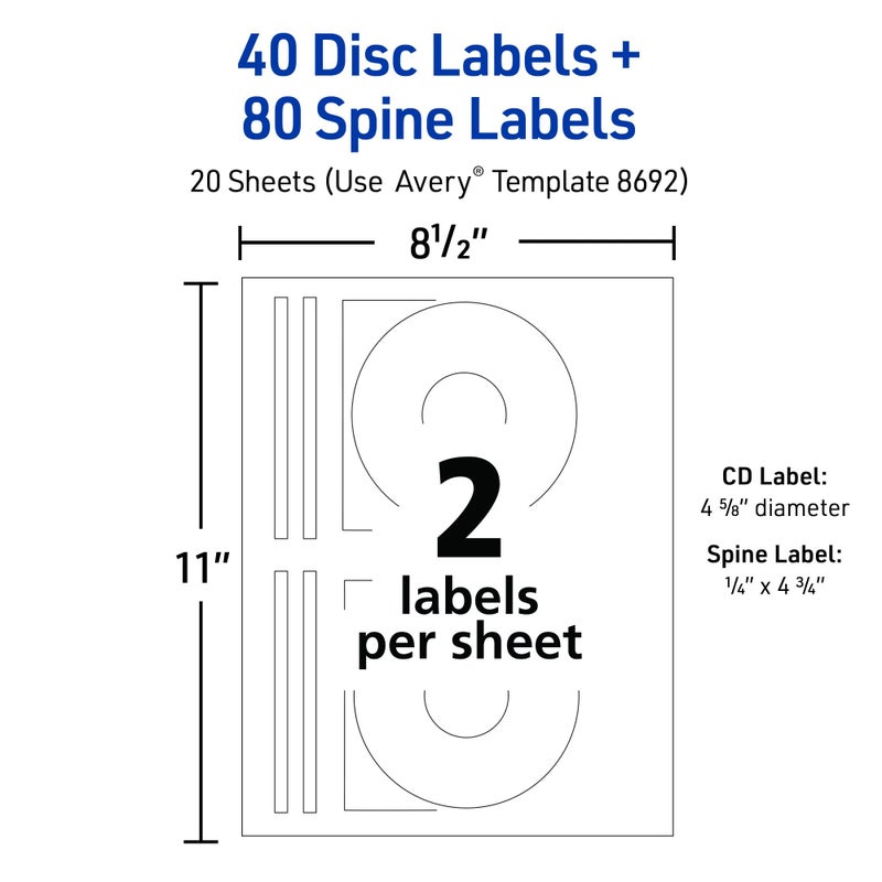 Avery Printable CD Labels, Matte White, Permanent Adhesive for Inkjet Printers, Includes 40 CD & 80 Spine Sticker Labels to Write On (8692) - Image 3