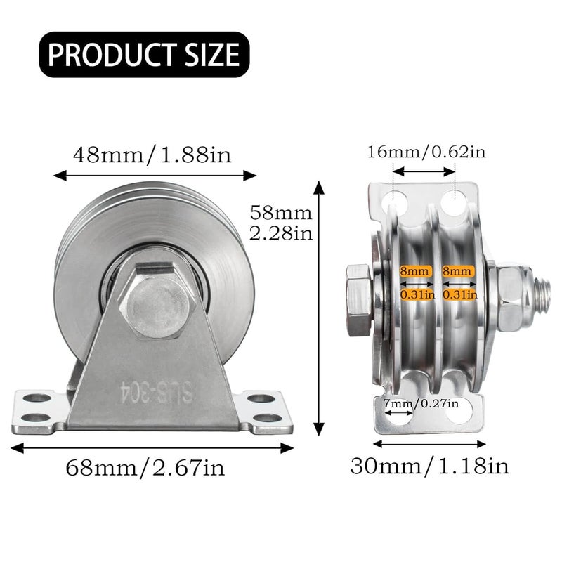 Double Groove Cable Fixed Pulley Block, Heavy Duty Stainless Steel, Bearing Inside, Good for Pulley Lifing System 2Pack - Image 2