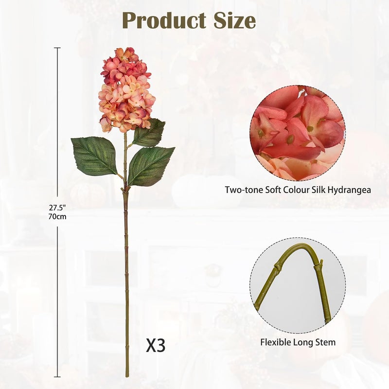 Arborus 3PCS Fake Flowers Cone Hydrangea Rose Pink Artificial Fall Flowers 27" Long Fall Floral Stems for Vase, Real Touch Silk Flowers Décor for Floral Arrangement Autumn Home Kitchen Table Décor - Image 2