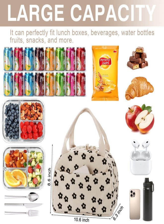 TESAFNG Lunch Bag - Insulated Lunch Box for Women, Reusable Large Capacity Cooler Bag for Adult, Small Leakproof Cute Corduroy Lunch Tote for Work Office Travel Picnic (Corduroy Black-Flower) - Image 2