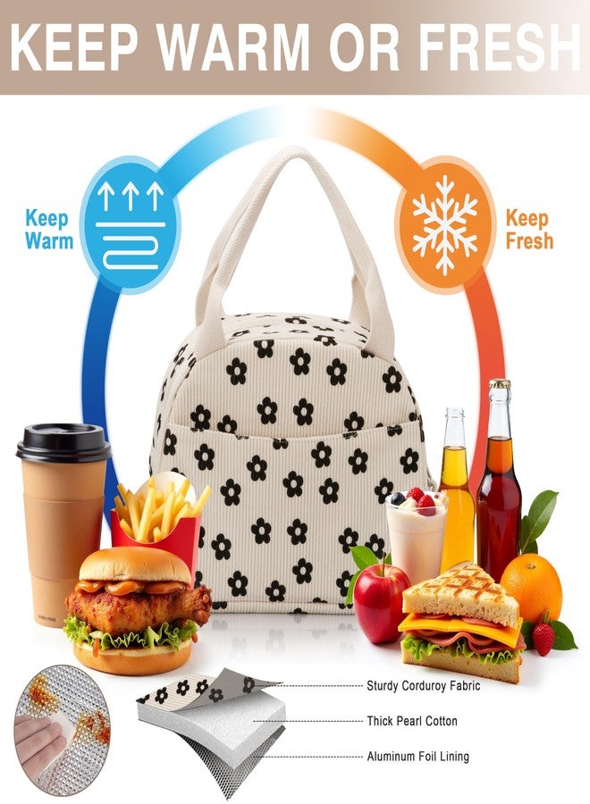 TESAFNG Lunch Bag - Insulated Lunch Box for Women, Reusable Large Capacity Cooler Bag for Adult, Small Leakproof Cute Corduroy Lunch Tote for Work Office Travel Picnic (Corduroy Black-Flower) - Image 5