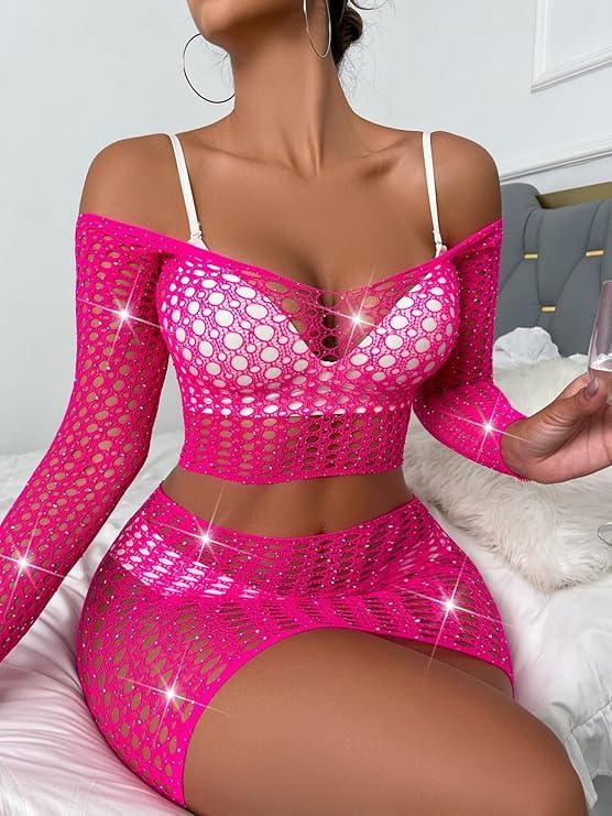 NEOBABY Fishnet Sparkle Rhinestone Hot Two Piece Babydoll Mini Skirt with off shoulder Sleepwear Honeymoon Wedding Night Valentine Gift for Girls & Women's (Small & Medium Size) - Image 5