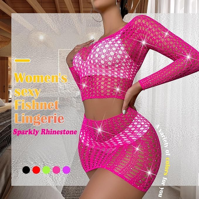 NEOBABY Fishnet Sparkle Rhinestone Hot Two Piece Babydoll Mini Skirt with off shoulder Sleepwear Honeymoon Wedding Night Valentine Gift for Girls & Women's (Small & Medium Size) - Image 4