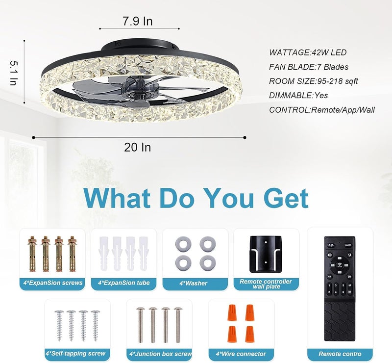 CENXI Ceiling Fan with Light, 50cm Flush Mount Modern Ceiling Fan, APP Remote Control, Stepless Color Temperature Change, 6 Speed, Indoor/Outdoor Ceiling Fans for Bedroom Living Room Patio Garage (Black) - Image 2