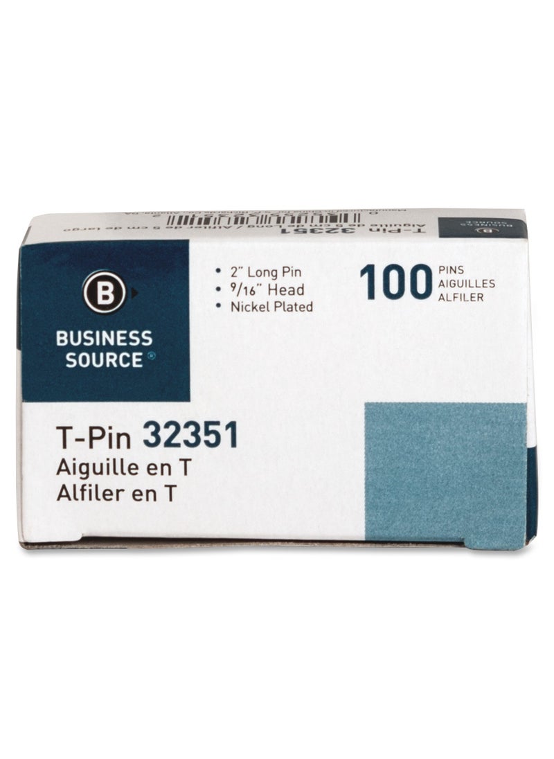 Business Source Business Source 32351 T-Pins, 9/16 in. Head Width, 2 in. Length, 100/BX, Silver  - Image 2