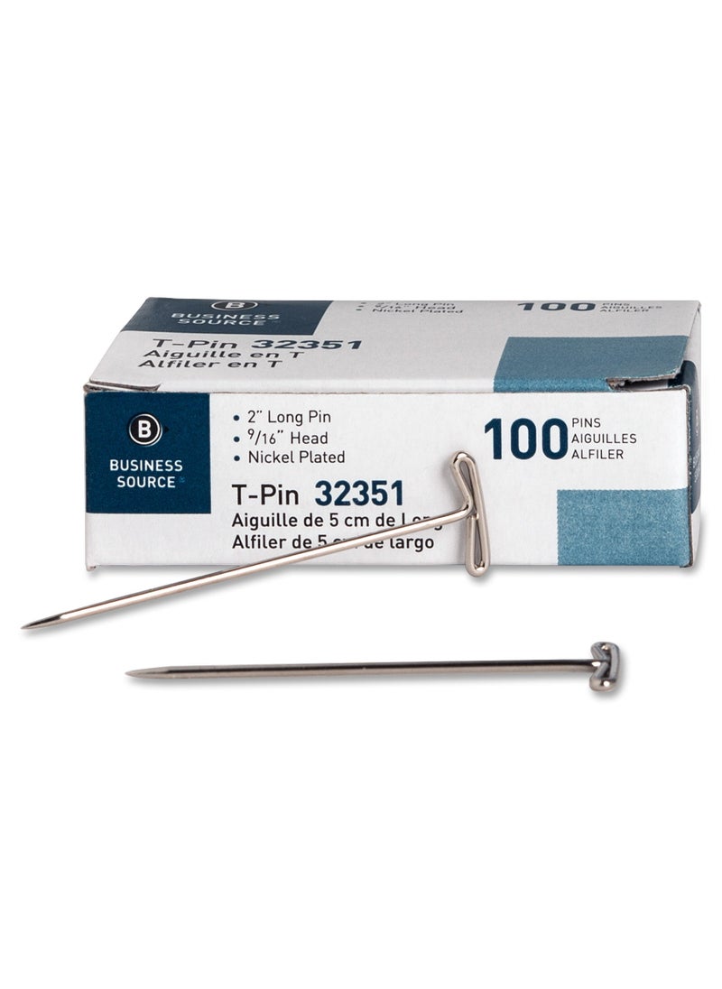 Business Source Business Source 32351 T-Pins, 9/16 in. Head Width, 2 in. Length, 100/BX, Silver  - Image 1