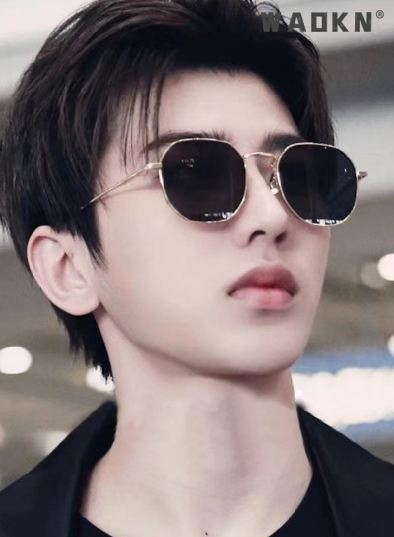 دبليو أيه أو كي أن نظارات شمسية دائرية مستقطبة للرجال، حماية من الأشعة فوق البنفسجية 400، نظارات شمسية عصرية بإطار معدني خفيف الوزن، نظارات شمسية عصرية مضادة للتوهج للرجال أثناء القيادة والصيد والسفر باللون الذهبي - Image 2