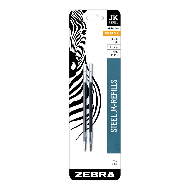 Zebra Pen قلم زيبرا ستيل، إعادة تعبئة حبر جل JK، 0.7 مم نقطة متوسطة، حبر أسود، يناسب أقلام الجل G-301 و G-450 و G-750، أداء كتابة سلس ومتسق، عبوة من 2 (88112) - Image 1