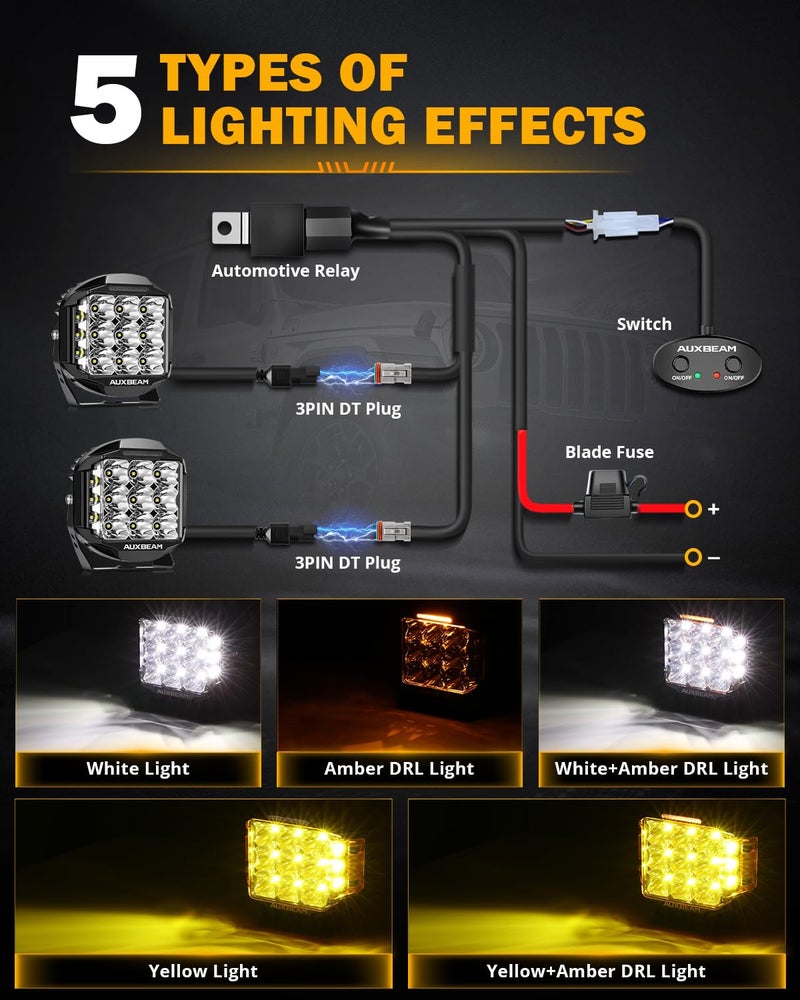 Auxbeam 7 Inch LED Pod Lights, 228W Super Bright Driving Side Shooter Lights with Amber DRL & Backlight, 270° V-MAX Series Cube Spot Flood Combo Work Spotlights Pod with Cover for Trucks SUV UTV ATV - Image 2