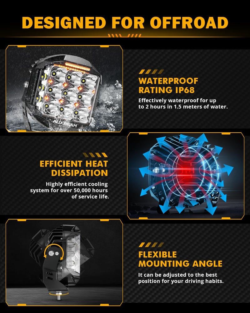 Auxbeam 7 Inch LED Pod Lights, 228W Super Bright Driving Side Shooter Lights with Amber DRL & Backlight, 270° V-MAX Series Cube Spot Flood Combo Work Spotlights Pod with Cover for Trucks SUV UTV ATV - Image 5