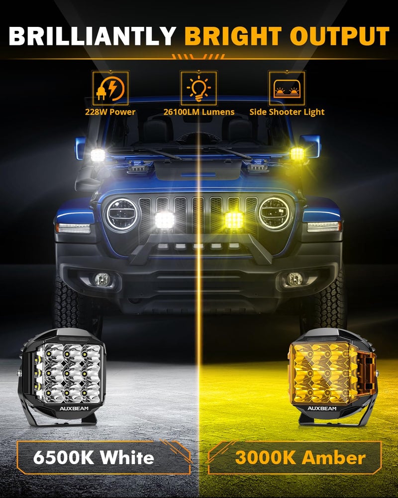 Auxbeam 7 Inch LED Pod Lights, 228W Super Bright Driving Side Shooter Lights with Amber DRL & Backlight, 270° V-MAX Series Cube Spot Flood Combo Work Spotlights Pod with Cover for Trucks SUV UTV ATV - Image 4