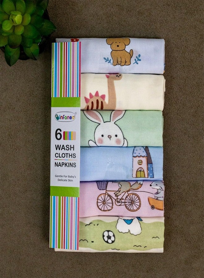 Rachna Baby Washcloths Organic Muslin Cotton | Ultra Soft Ultra Absorbent 2-Layer Napkin Set for Newborn | Quick Drying Reusable Face Wipes | Multicolour Prints | Pack of 6 | 30 x 30 cm (176A) - Image 1