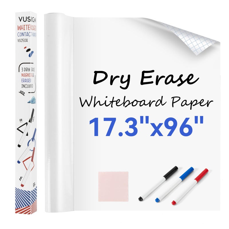 Vusign Whiteboard Sticker for Wall, 96" x 17.3" Dry Erase Board Wallpaper Peel and Stick，Self-Adhesive White Board for School, Office, Home, Kids Drawing with 3 Pen, 1 Cleaning Cloth - Image 1