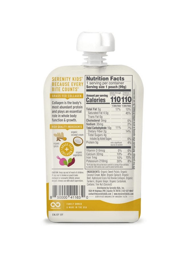 Serenity Kids 6+ Months Dairy-Free Smoothie Baby Food | USDA Organic | Grass Fed Collagen Protein | 3.5 Ounce BPA-Free Pouch | Sweet Potato Spice | 1 Count - Image 2
