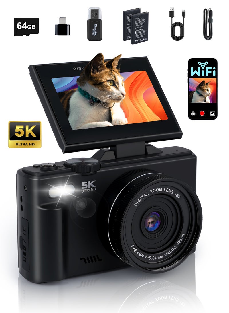 نكومي كاميرا رقمية 5K، كاميرا فيديو مدونات واي فاي بدقة 75 ميجابكسل لليوتيوب مع شاشة قلابة 180 درجة مقاس 3 بوصات، وكاميرات تكبير رقمي 18X مع بطاقة SD سعة 64 جيجابايت وبطاريتين - Image 1