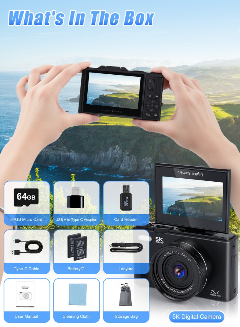 نكومي كاميرا رقمية 5K، كاميرا فيديو مدونات واي فاي بدقة 75 ميجابكسل لليوتيوب مع شاشة قلابة 180 درجة مقاس 3 بوصات، وكاميرات تكبير رقمي 18X مع بطاقة SD سعة 64 جيجابايت وبطاريتين - Image 3