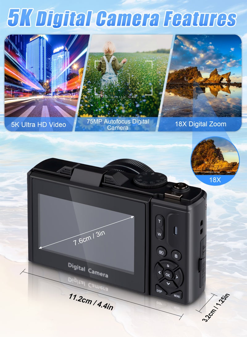 نكومي كاميرا رقمية 5K، كاميرا فيديو مدونات واي فاي بدقة 75 ميجابكسل لليوتيوب مع شاشة قلابة 180 درجة مقاس 3 بوصات، وكاميرات تكبير رقمي 18X مع بطاقة SD سعة 64 جيجابايت وبطاريتين - Image 4