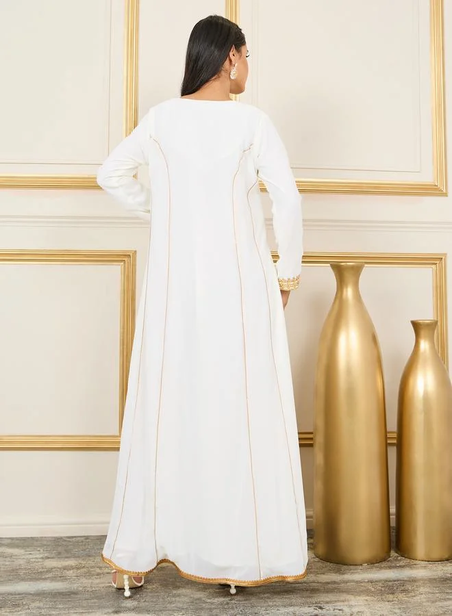 Styli Embroidered Neckline Piped Detail Jalabiya