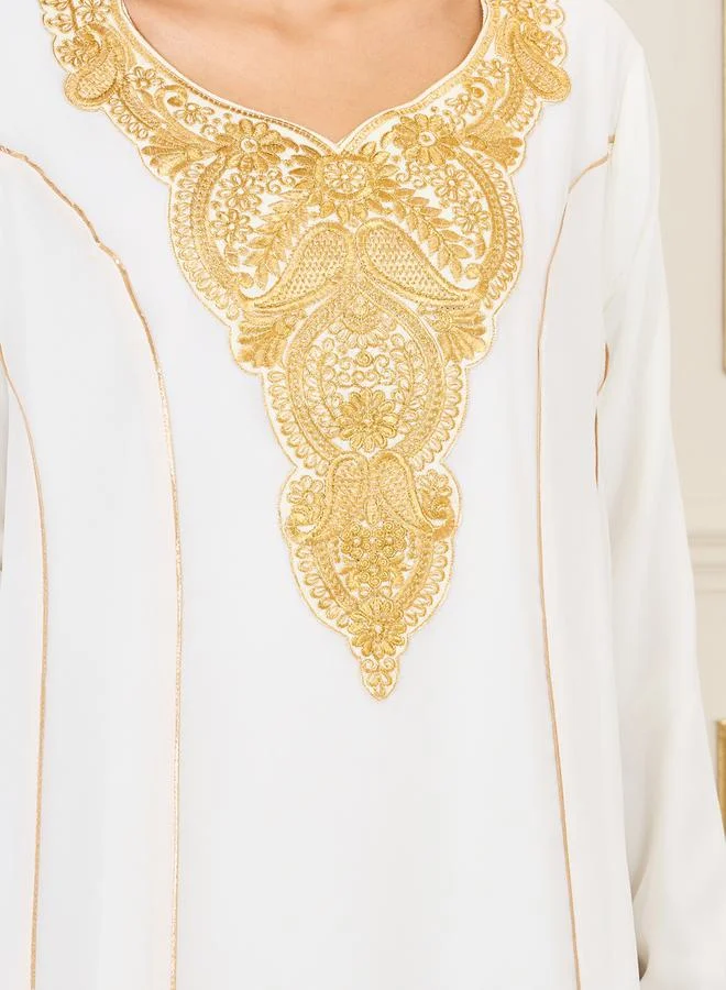 Styli Embroidered Neckline Piped Detail Jalabiya
