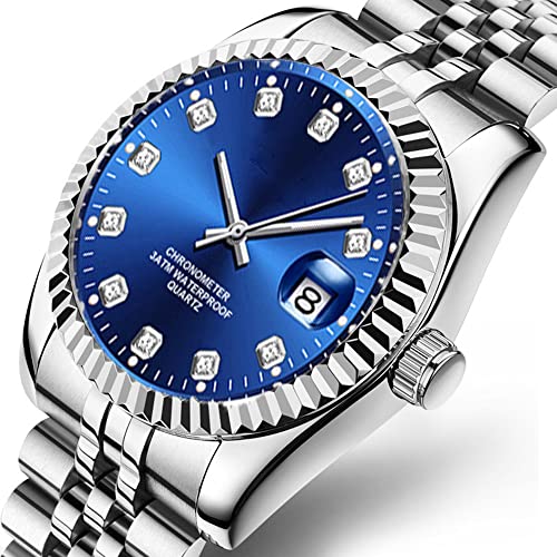 SENRUD Couple Watches Fashion Silver Stainless Steel Pair Watches Men and Women Matching Quartz Wrist Watches Gifts Set of 2 (Luxury/Blue) - Image 2