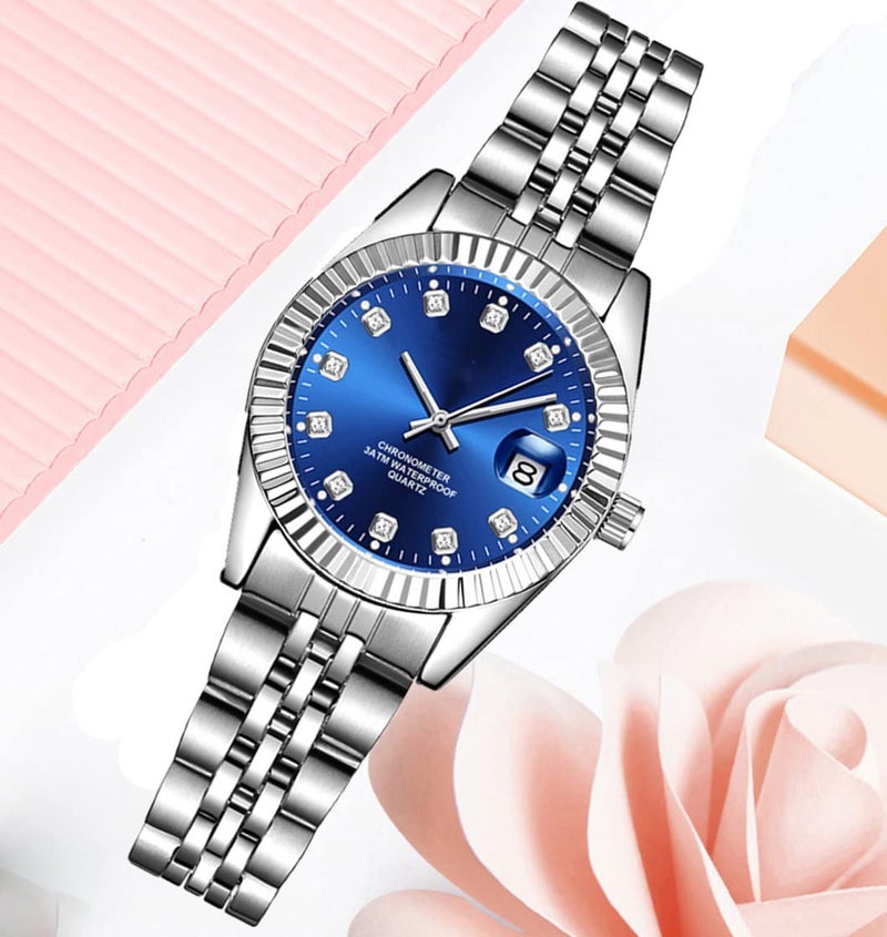 SENRUD Couple Watches Fashion Silver Stainless Steel Pair Watches Men and Women Matching Quartz Wrist Watches Gifts Set of 2 (Luxury/Blue) - Image 5