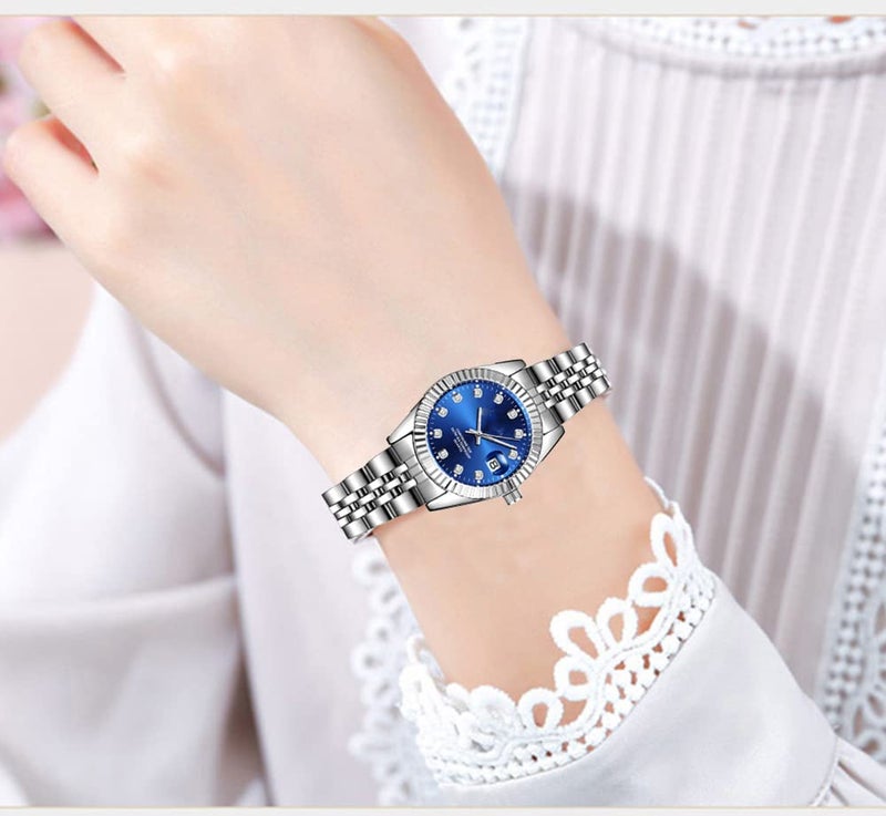 SENRUD Couple Watches Fashion Silver Stainless Steel Pair Watches Men and Women Matching Quartz Wrist Watches Gifts Set of 2 (Luxury/Blue) - Image 4