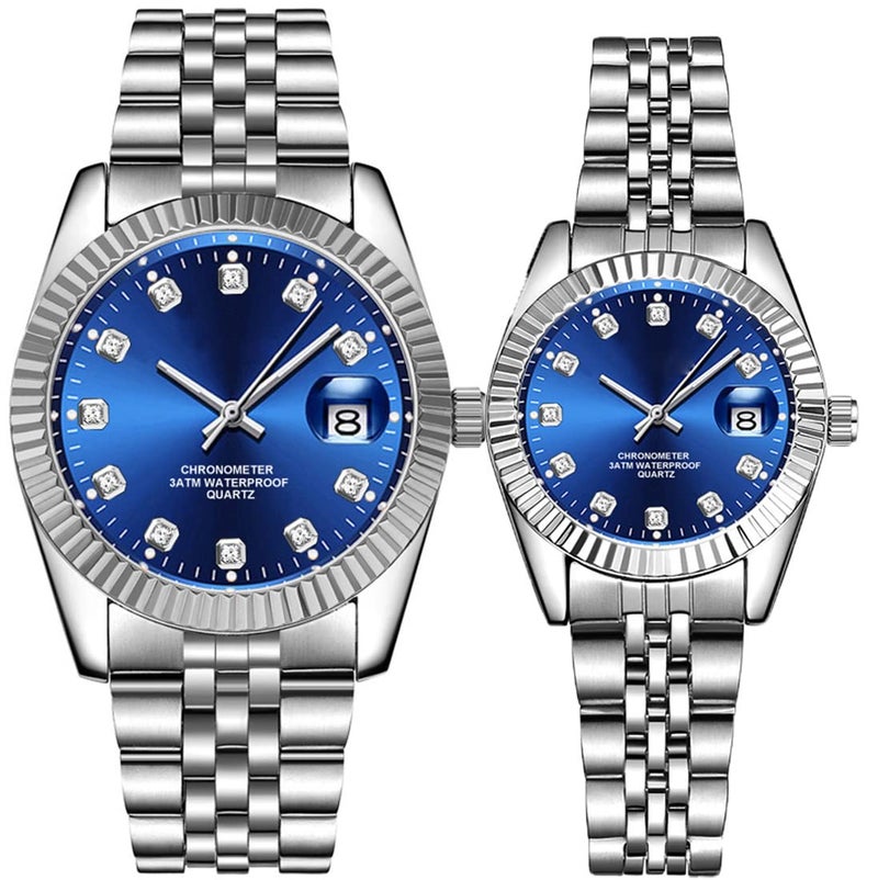 SENRUD Couple Watches Fashion Silver Stainless Steel Pair Watches Men and Women Matching Quartz Wrist Watches Gifts Set of 2 (Luxury/Blue) - Image 1