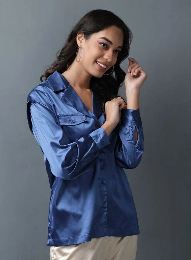 Women Regular Fit Solid V-Neck Long Sleeve Shirt