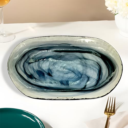 Lemon Tree 14 Inch Coloured Glass Snack Serving Platter with Glossy Alabaster Finish, Dish for Serving Pasta, Noodles, Rice, Snacks, Fruits, Desserts, Salad, Chaat |Microwave & Dishwasher Safe (Black) - Image 4