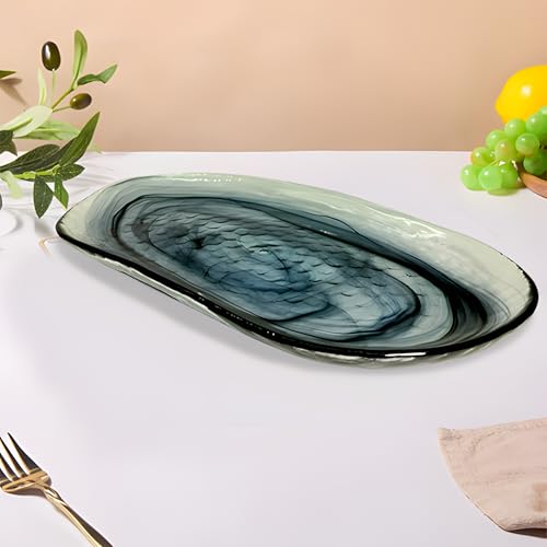 Lemon Tree 14 Inch Coloured Glass Snack Serving Platter with Glossy Alabaster Finish, Dish for Serving Pasta, Noodles, Rice, Snacks, Fruits, Desserts, Salad, Chaat |Microwave & Dishwasher Safe (Black) - Image 1