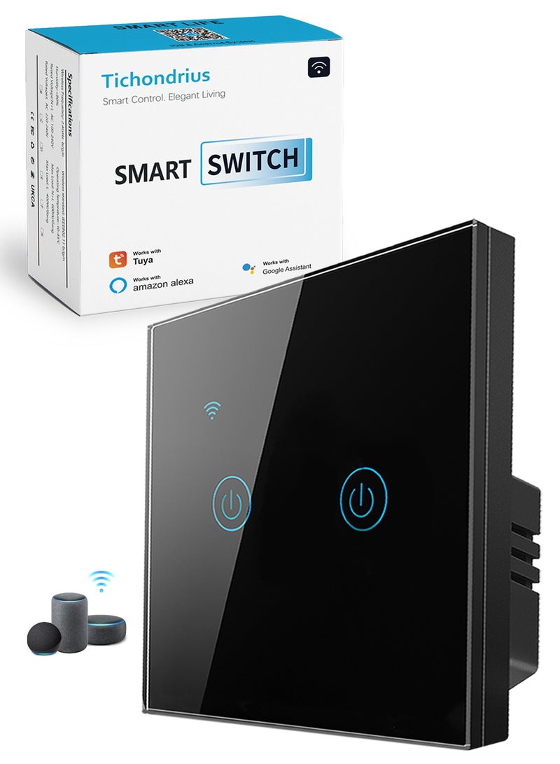 Tichondrius WiFi Smart Switch, Smart Touch Light Switch work with Tuya Smart APP, WiFi & Voice Control, Alexa/Google Home Compatible, Easy Installation (black 2 Gang) - Image 1