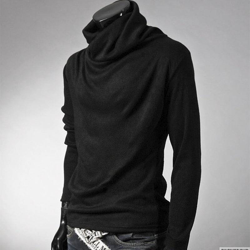 Handsome Solid Color Pile Collar Long-Sleeved T-Shirt Men'S Hong Kong Style Hair Stylist Personality Leisure Inner High Collar T-Shirt Base Shirt - Image 4