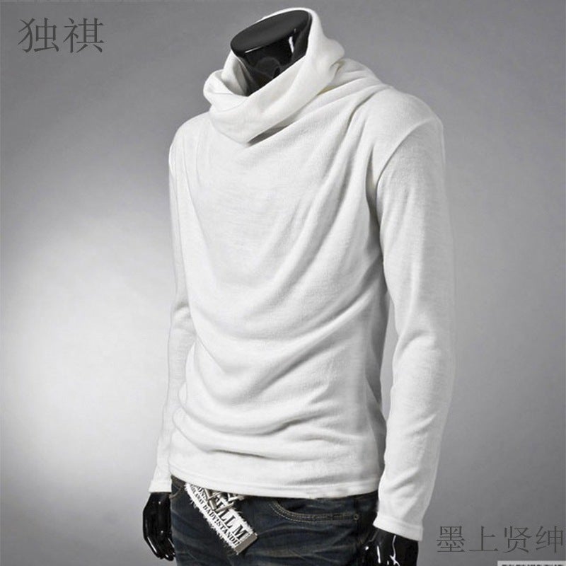 Handsome Solid Color Pile Collar Long-Sleeved T-Shirt Men'S Hong Kong Style Hair Stylist Personality Leisure Inner High Collar T-Shirt Base Shirt - Image 2