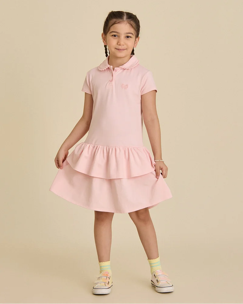 Redtag Girls Pink Polo Frill Tiered Pique Dress